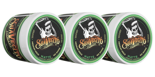 Suavecito Matte Pomade three-pack on display for effortless matte styling.