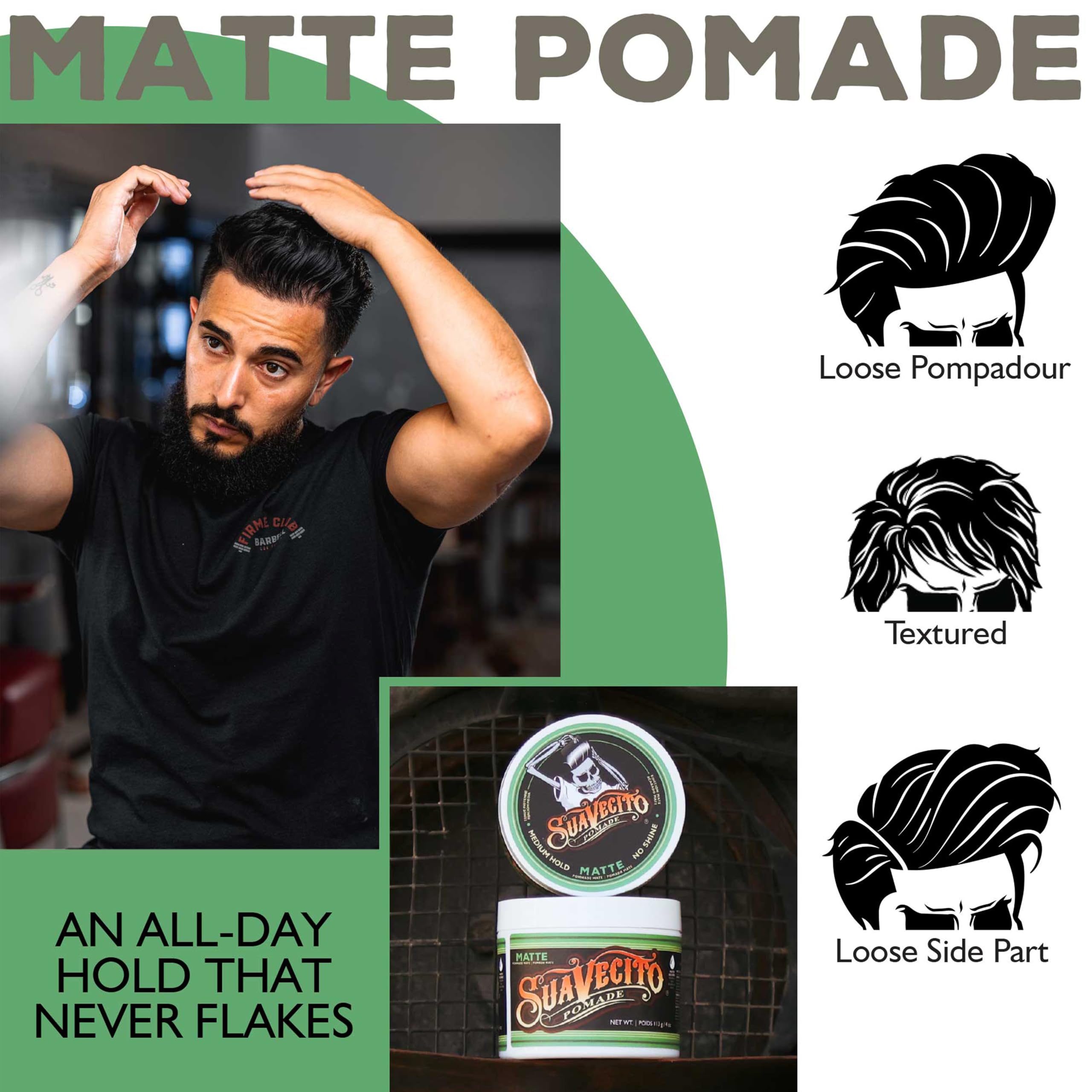 Suavecito Matte Pomade defines side-part with medium hold for neat texture.