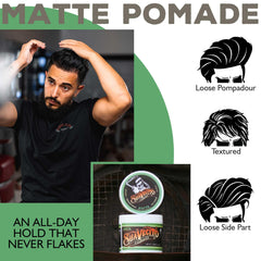 Suavecito Matte Pomade defines side-part with medium hold for neat texture.