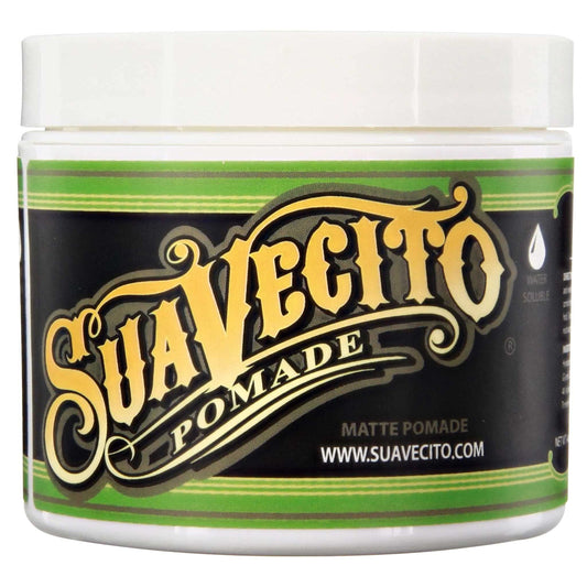 Suavecito Matte Pomade tin close-up showing shine-free, long-lasting hold