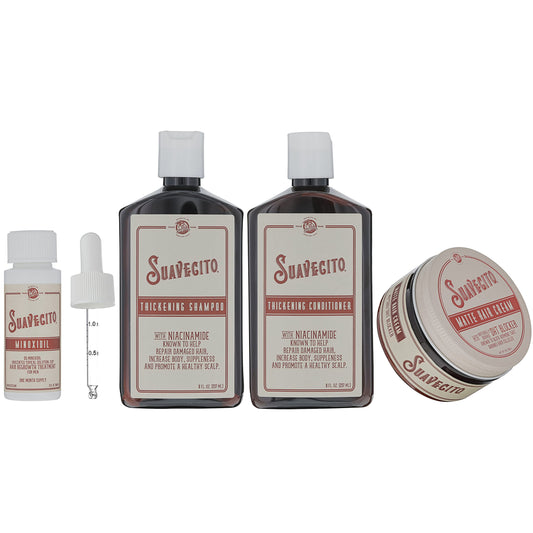 Suavecito Minoxidil 5% solution bottle applied to crown area for fuller look