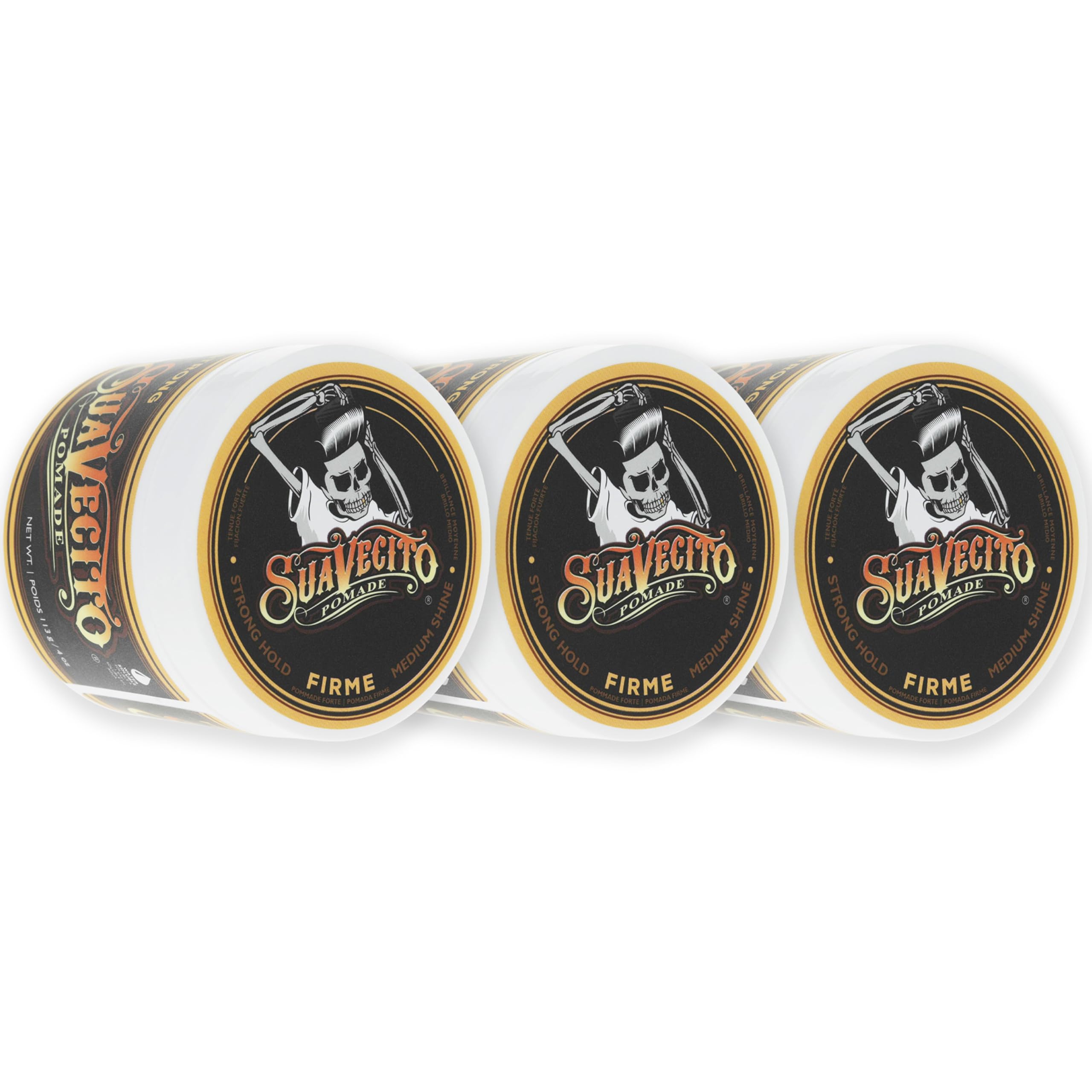 Suavecito Pomade Firme 4 oz tin displays bold branding and strong hold for lasting style.