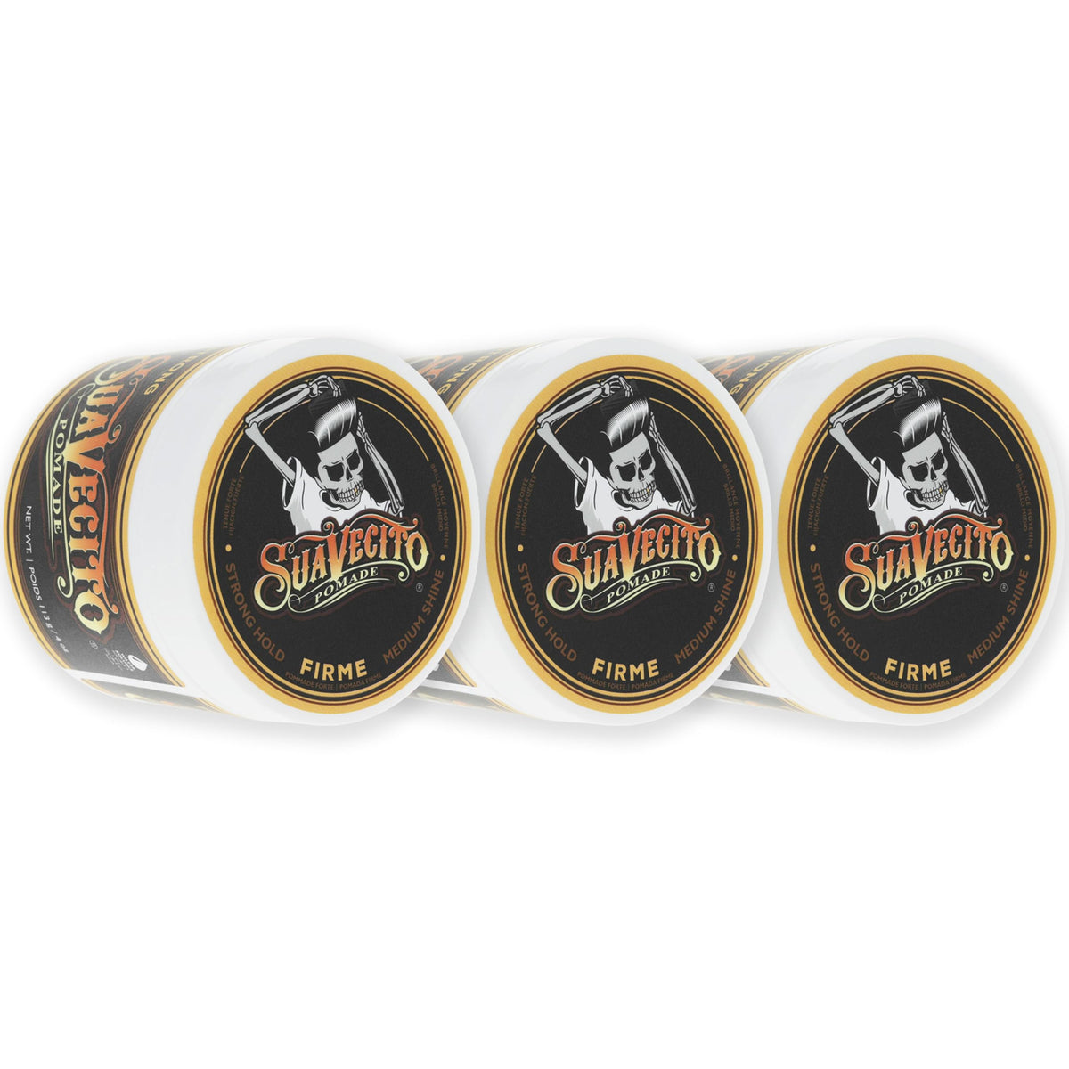 Suavecito Pomade Firme 4 oz tin displays bold branding and strong hold for lasting style.