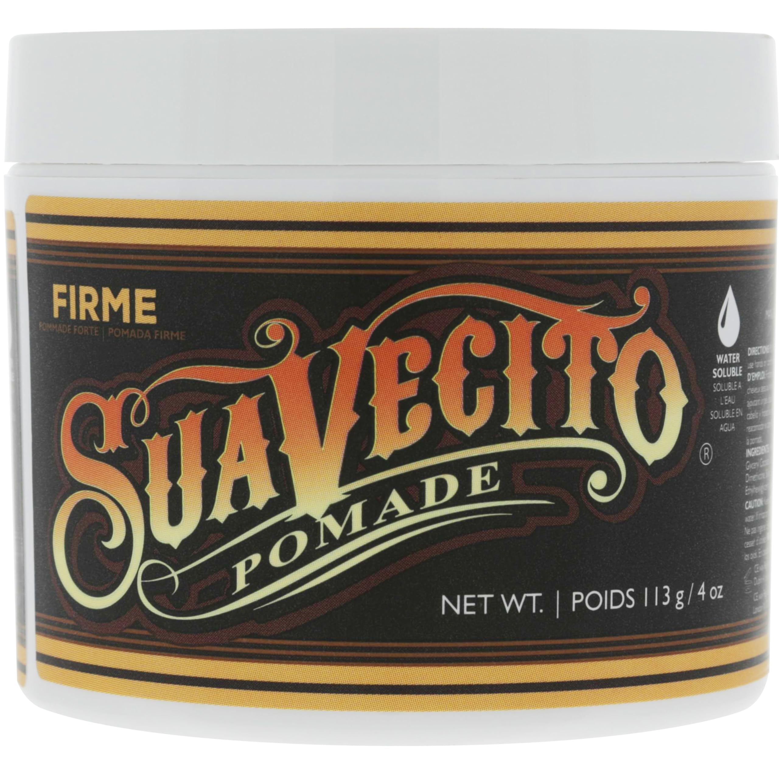 Suavecito Pomade Firme bottle closeup showing strong hold for all day style