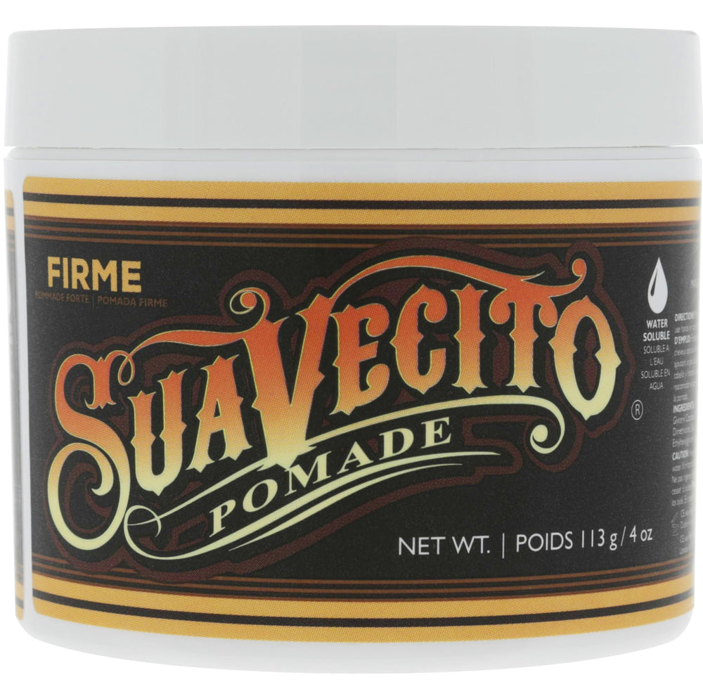 Suavecito Pomade Firme bottle closeup showing strong hold for all day style