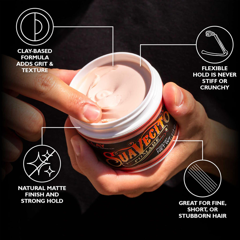 Suavecito Pomade Firme Clay application from ends to roots