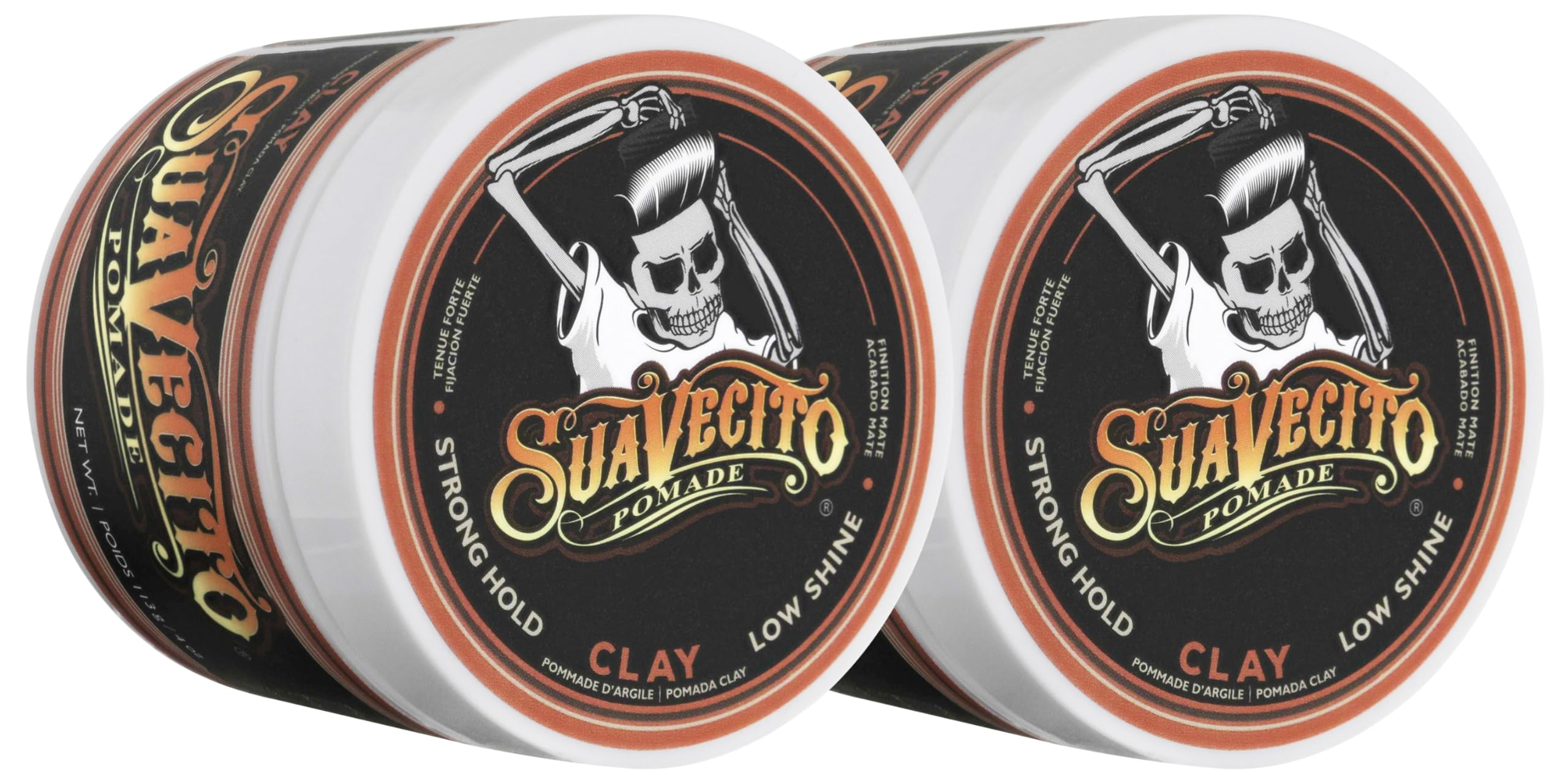 Suavecito Pomade Firme Clay two-pack on display shows durable hold