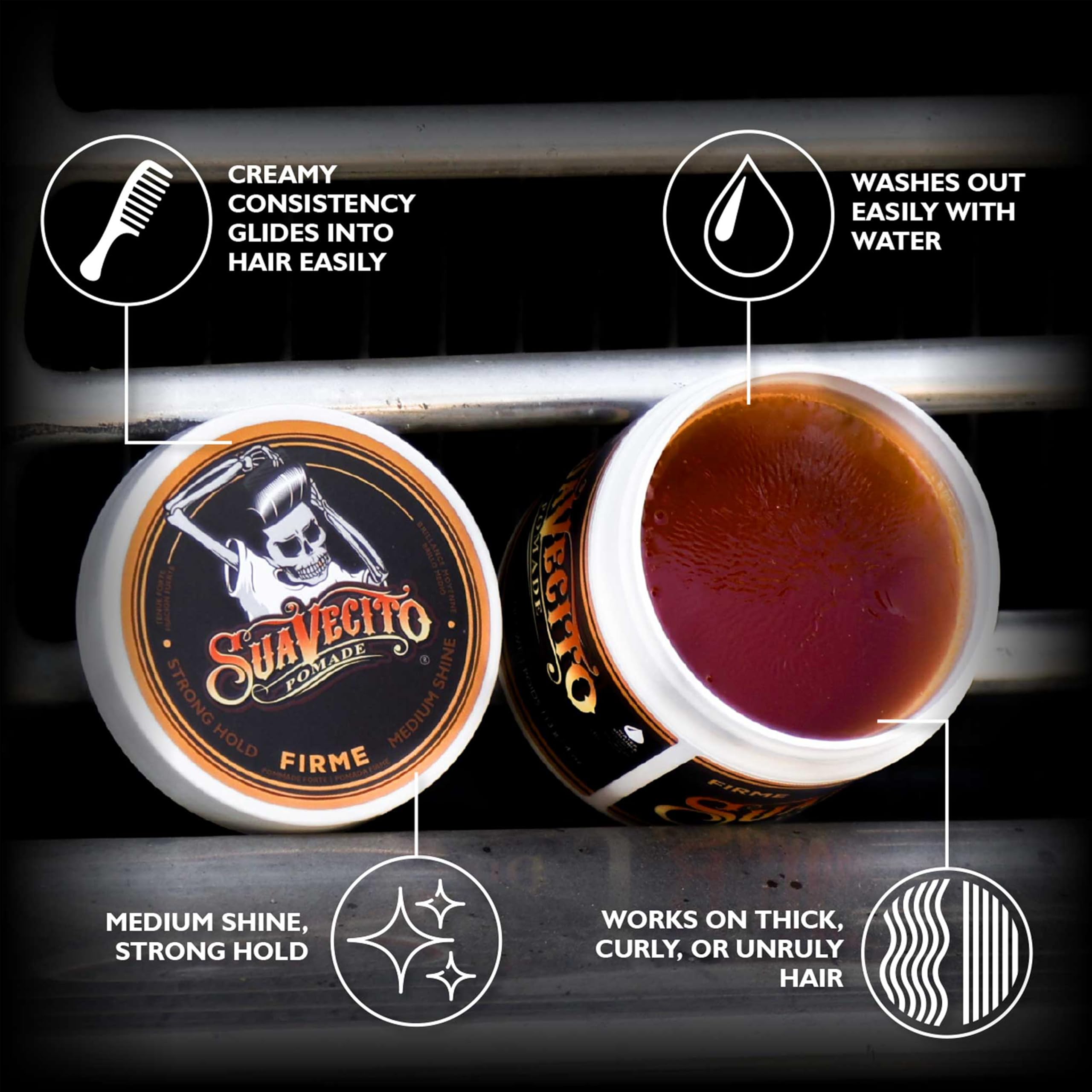 Hands applying Suavecito Pomade Firme for controlled styling.