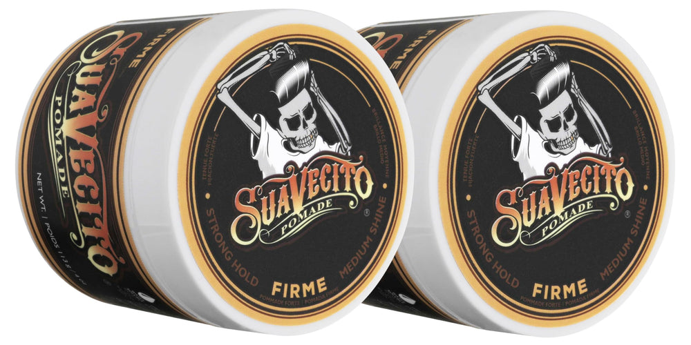 Suavecito Pomade Firme Hold jar shows strong hold and medium shine for styling.