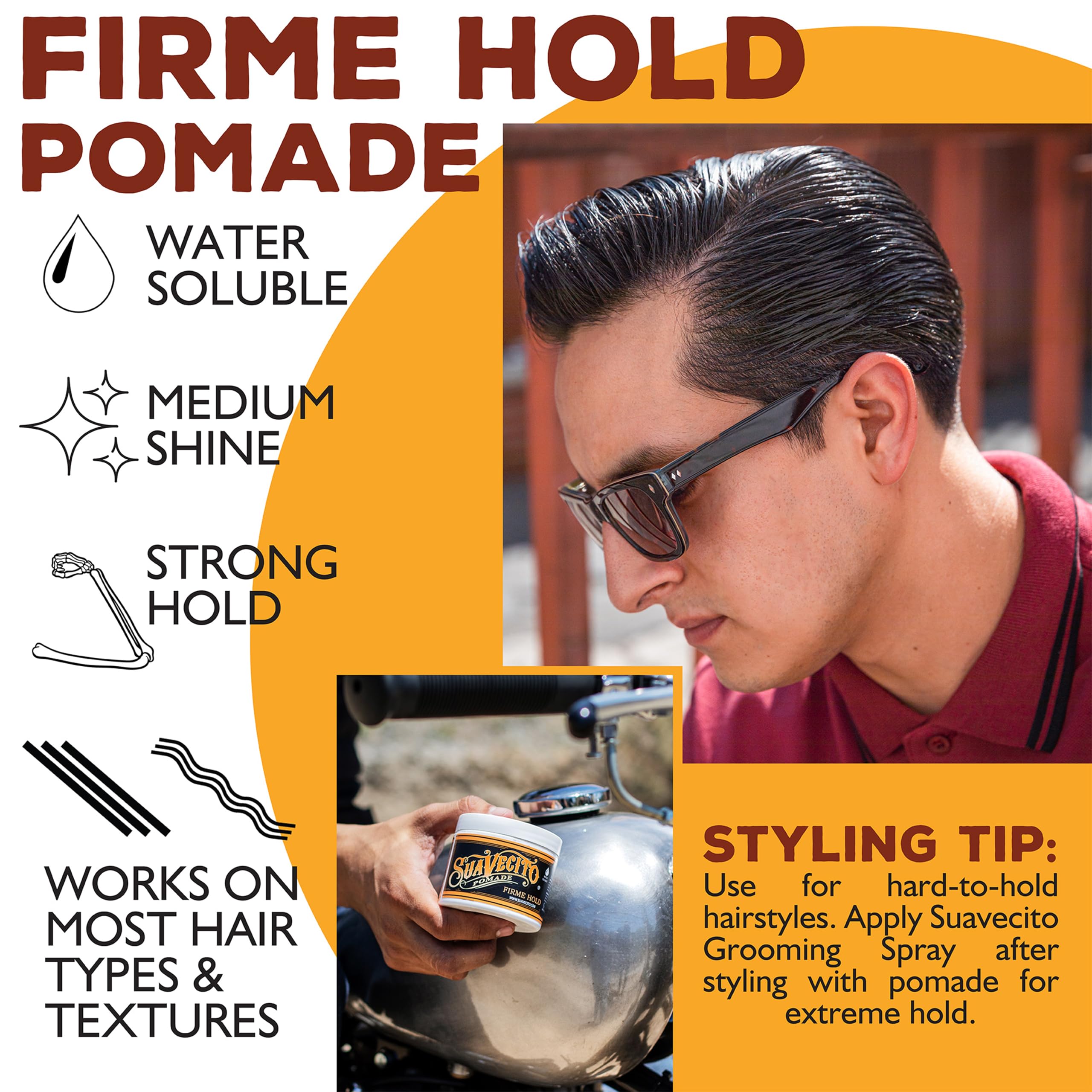 Water-based Suavecito Pomade Firme Hold impression showing easy rinse.