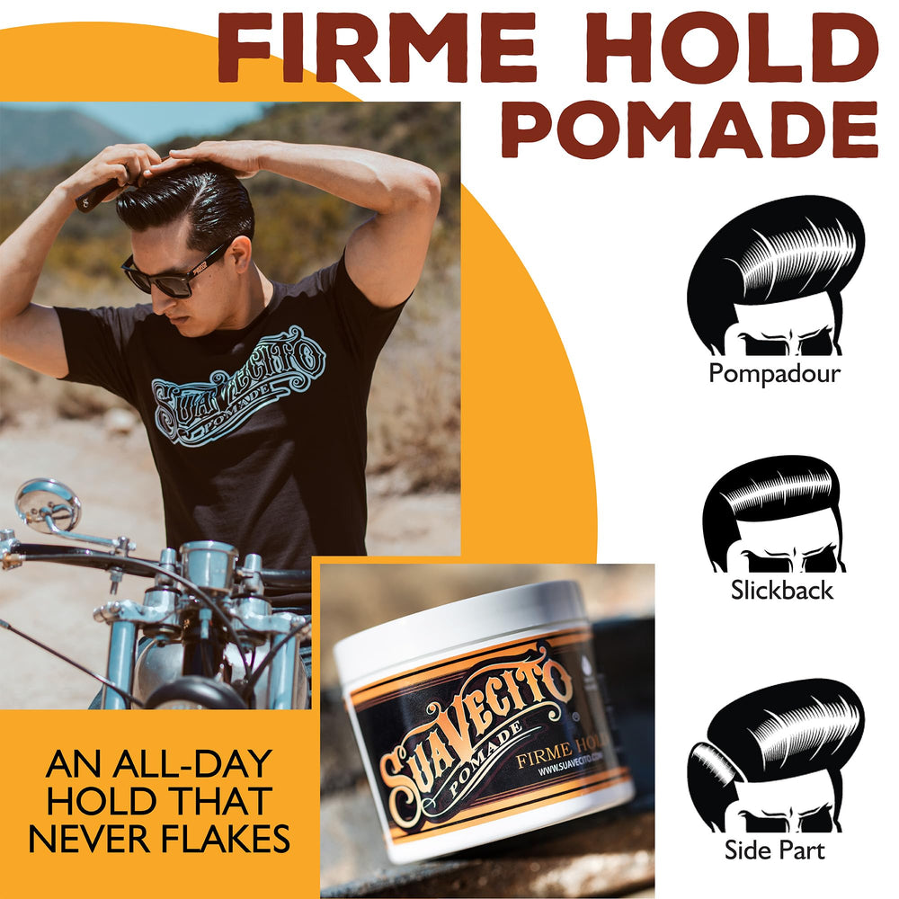 Slick back look created with Suavecito Pomade Firme medium shine