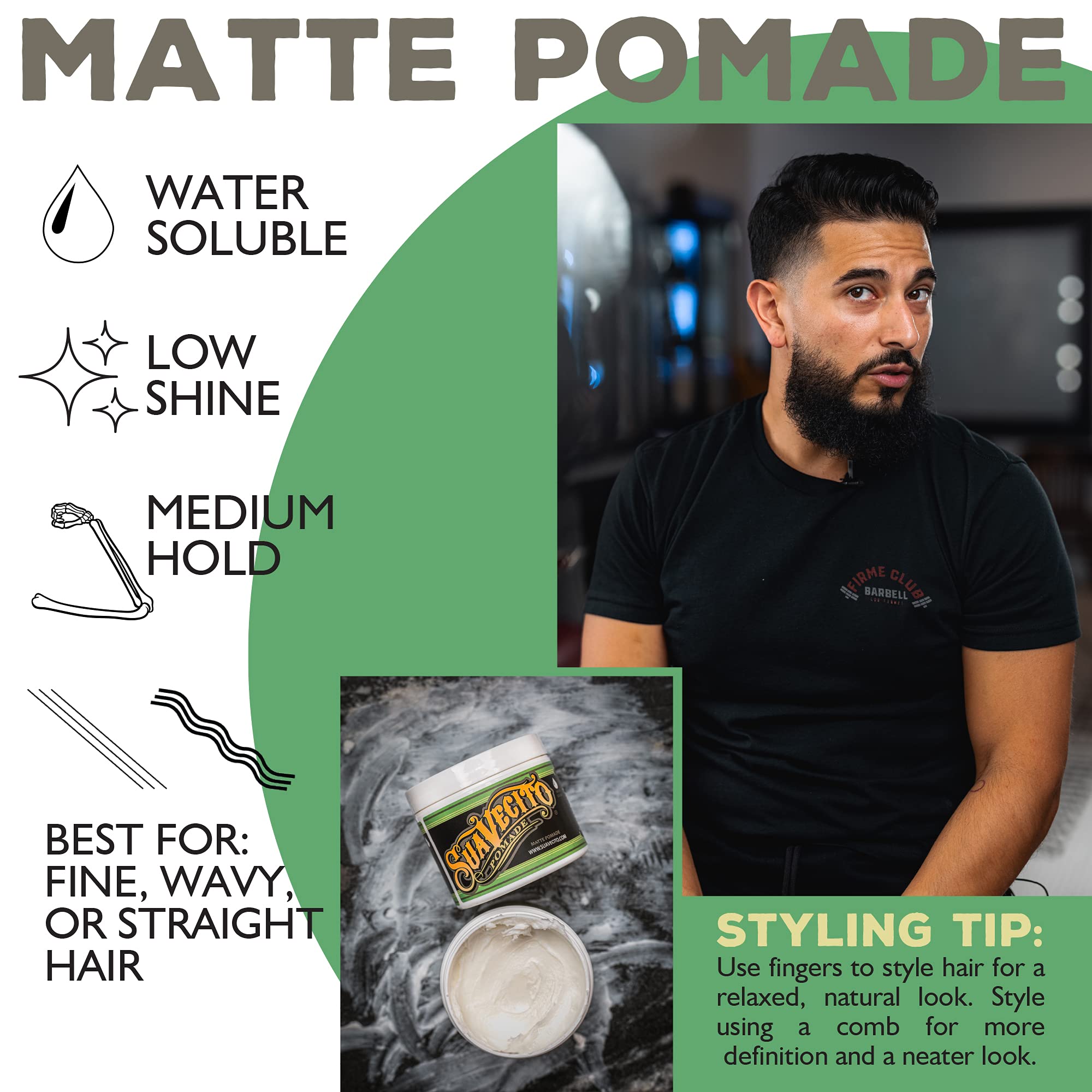 Suavecito Pomade Matte packaging graphic communicates versatility for casual to refined looks.