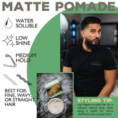 Suavecito Pomade Matte packaging graphic communicates versatility for casual to refined looks.