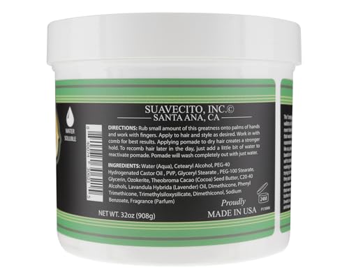 Suavecito Pomade Matte tub in hand highlights easy application and medium hold.
