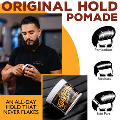 Slick back style using Suavecito Original Pomade for a polished finish.