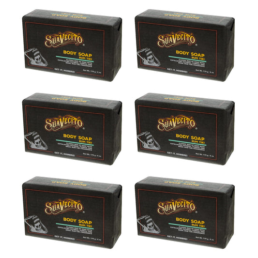 Suavecito Tiki Rum soap bar pack shot with six moisturizing bars.