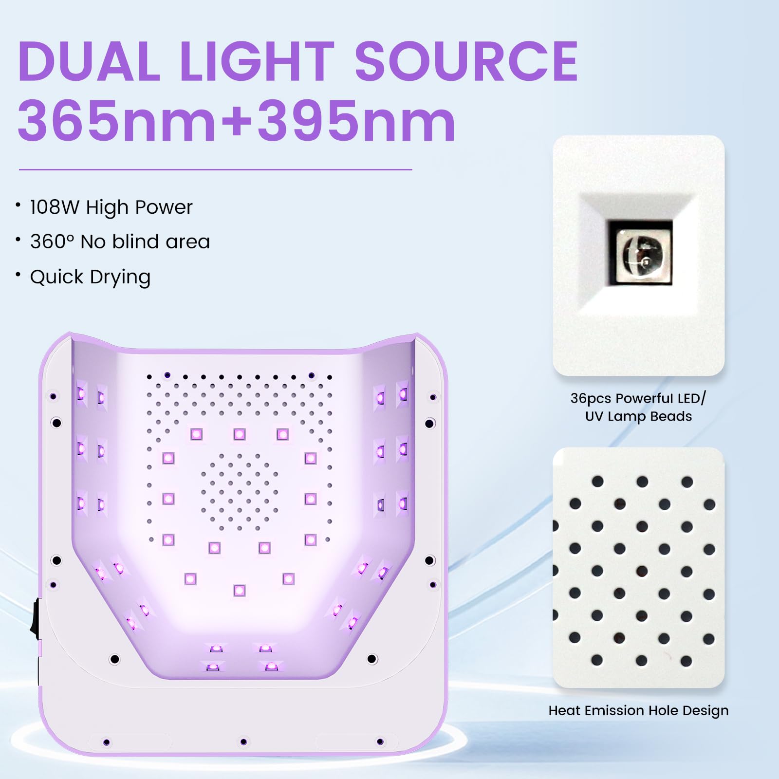 Subay UV Nail Lamp 108W large interior space fits hands or feet comfortably