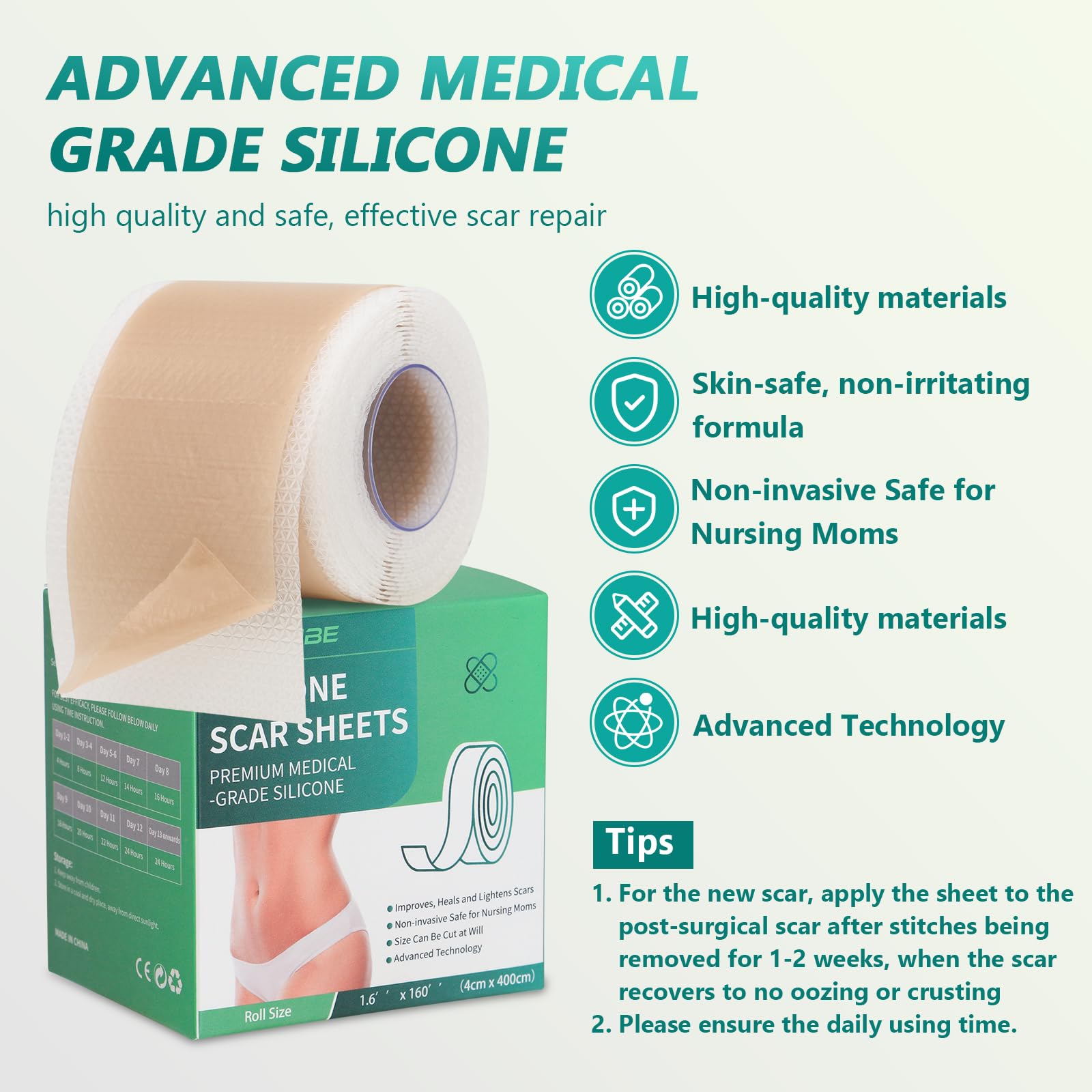 SUCONBE silicone scar tape close-up showing flexible skin-toned sheets