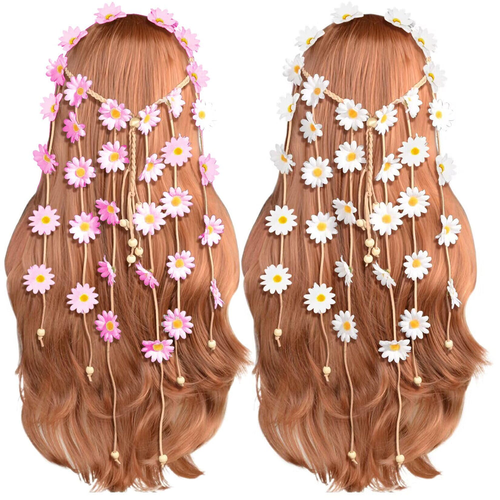 Sucrain flower hippie headband with white and pink sunflowers for a romantic festival look.