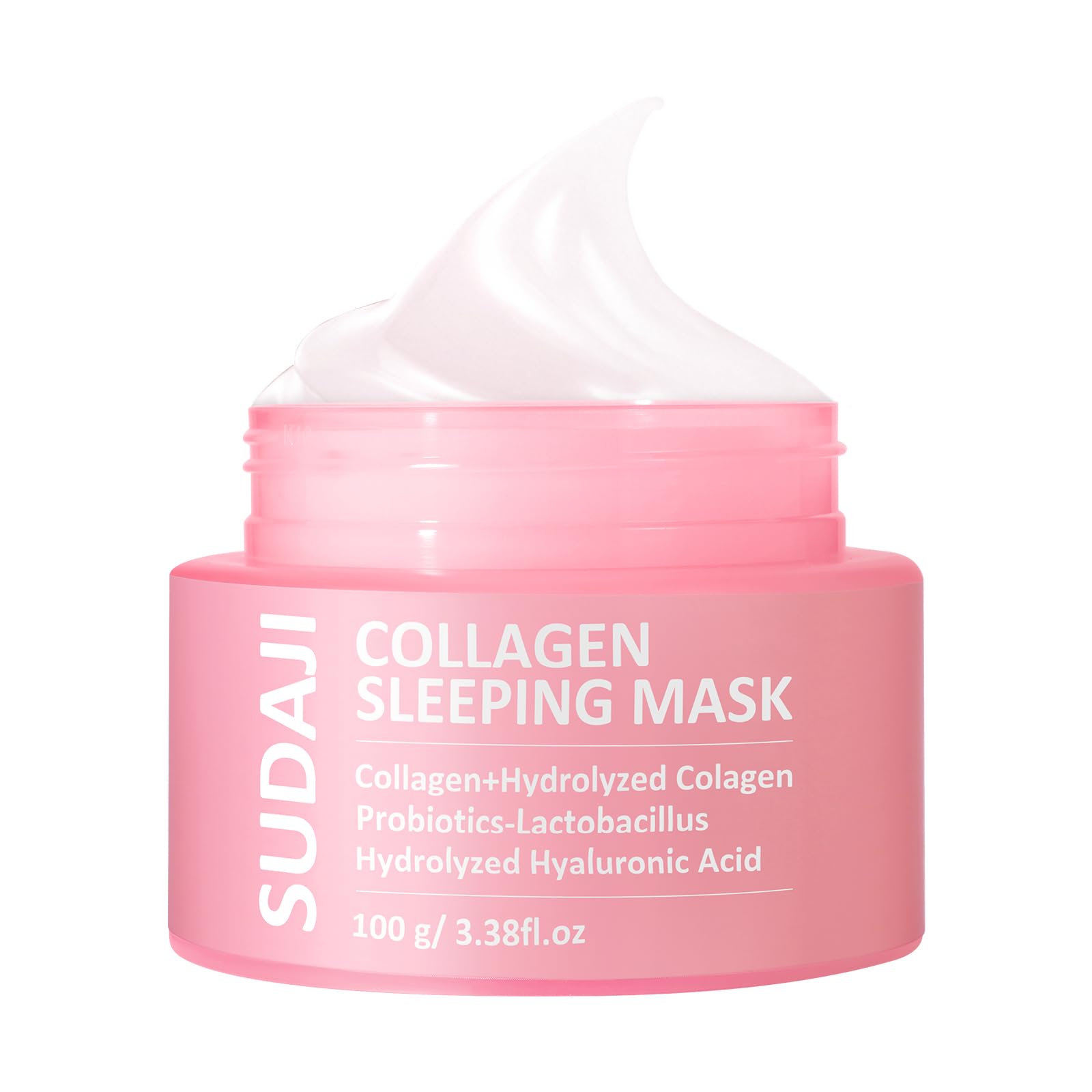 SUDAJI Collagen Sleeping Mask jar close-up showing creamy texture for overnight hydration