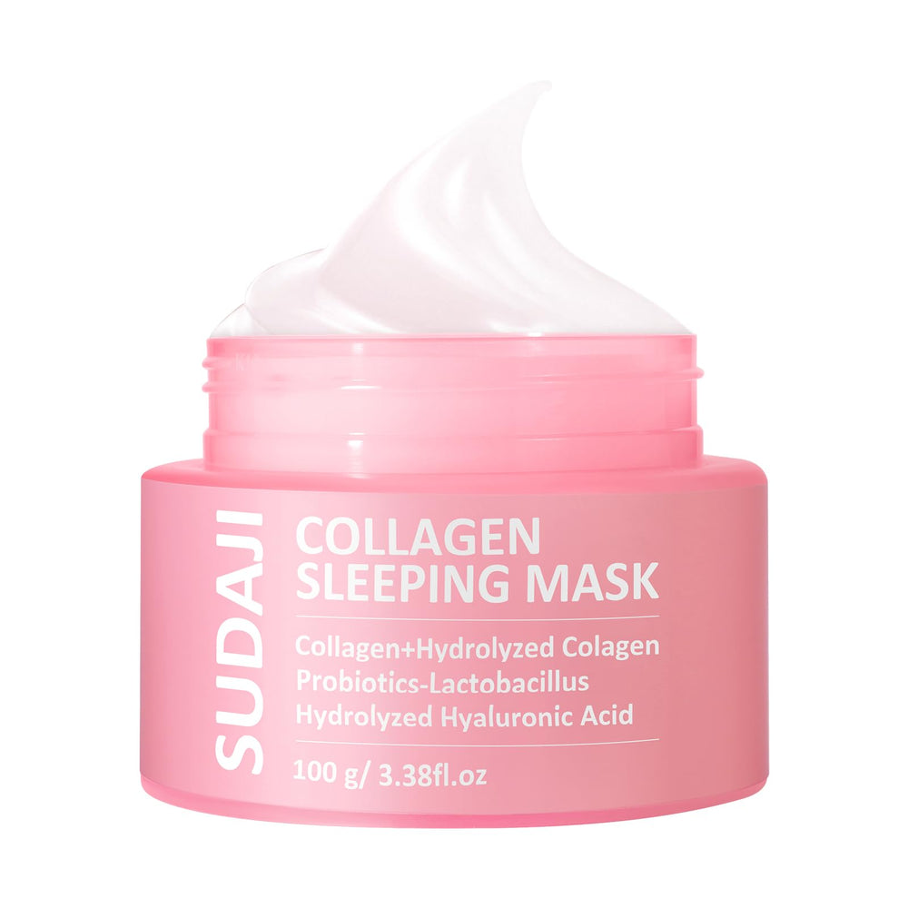 SUDAJI Collagen Sleeping Mask jar close-up showing creamy texture for overnight hydration