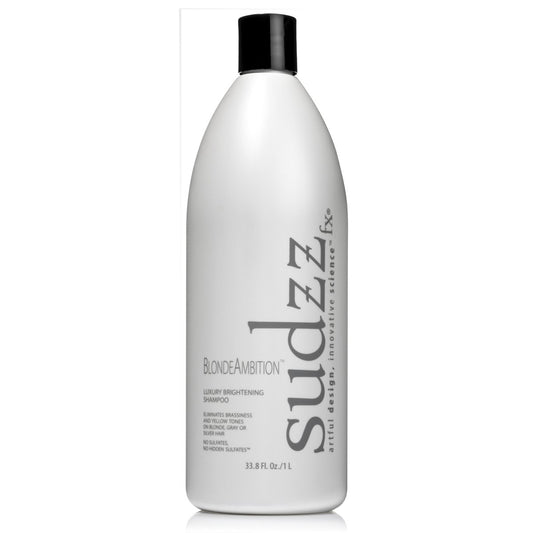 SUDZZFX Blonde Ambition Shampoo bottle shows blue pigment brightening blonde tones.