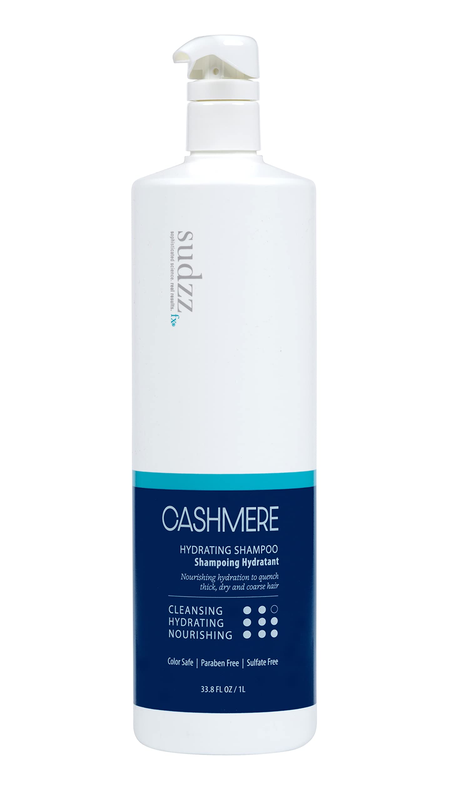 SUDZZFX Cashmere Hydrating Shampoo bottle highlights rich moisture for dry hair