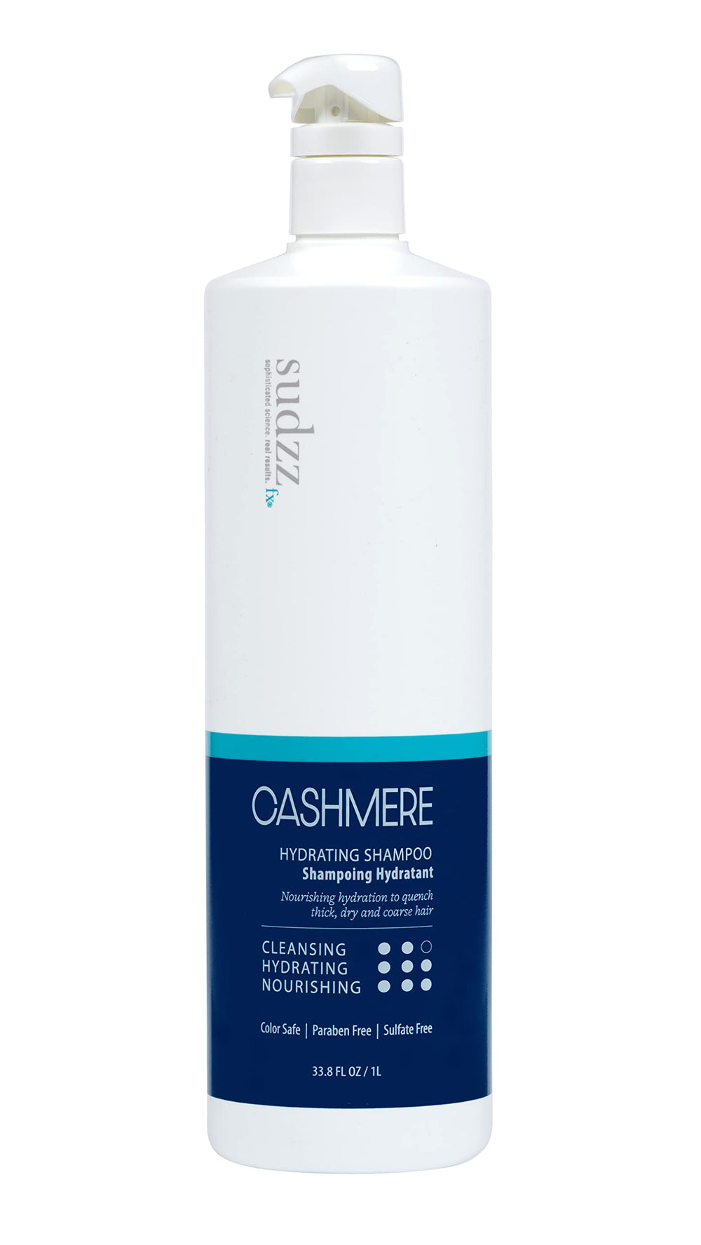 SUDZZFX Cashmere Hydrating Shampoo bottle highlights rich moisture for dry hair