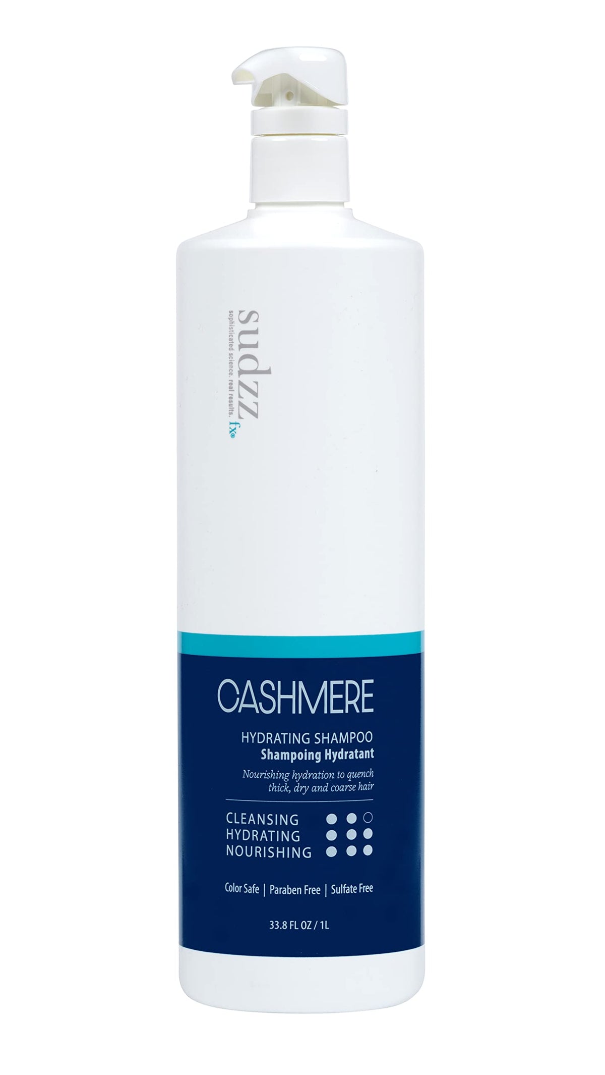 SUDZZFX Cashmere Hydrating Shampoo bottle highlights rich moisture for dry hair