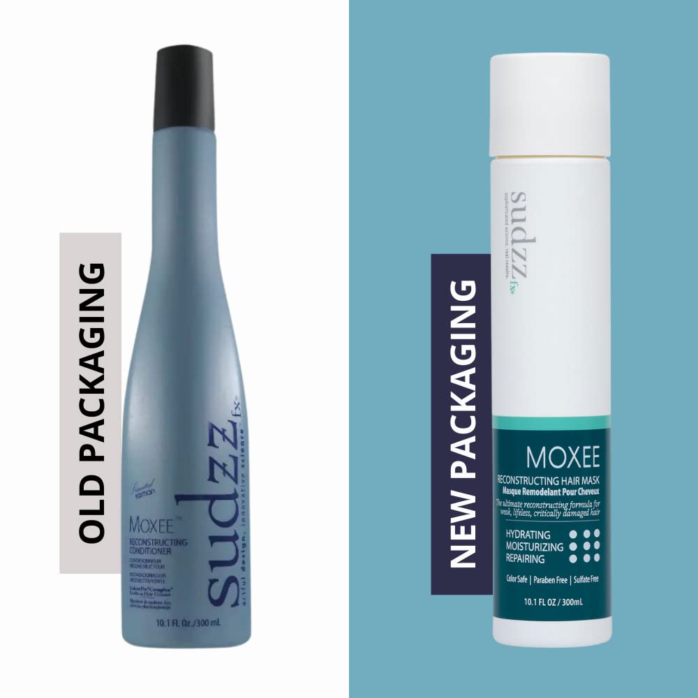 Bathroom shelf with SUDZZFX Moxee for convenient at-home deep conditioning.
