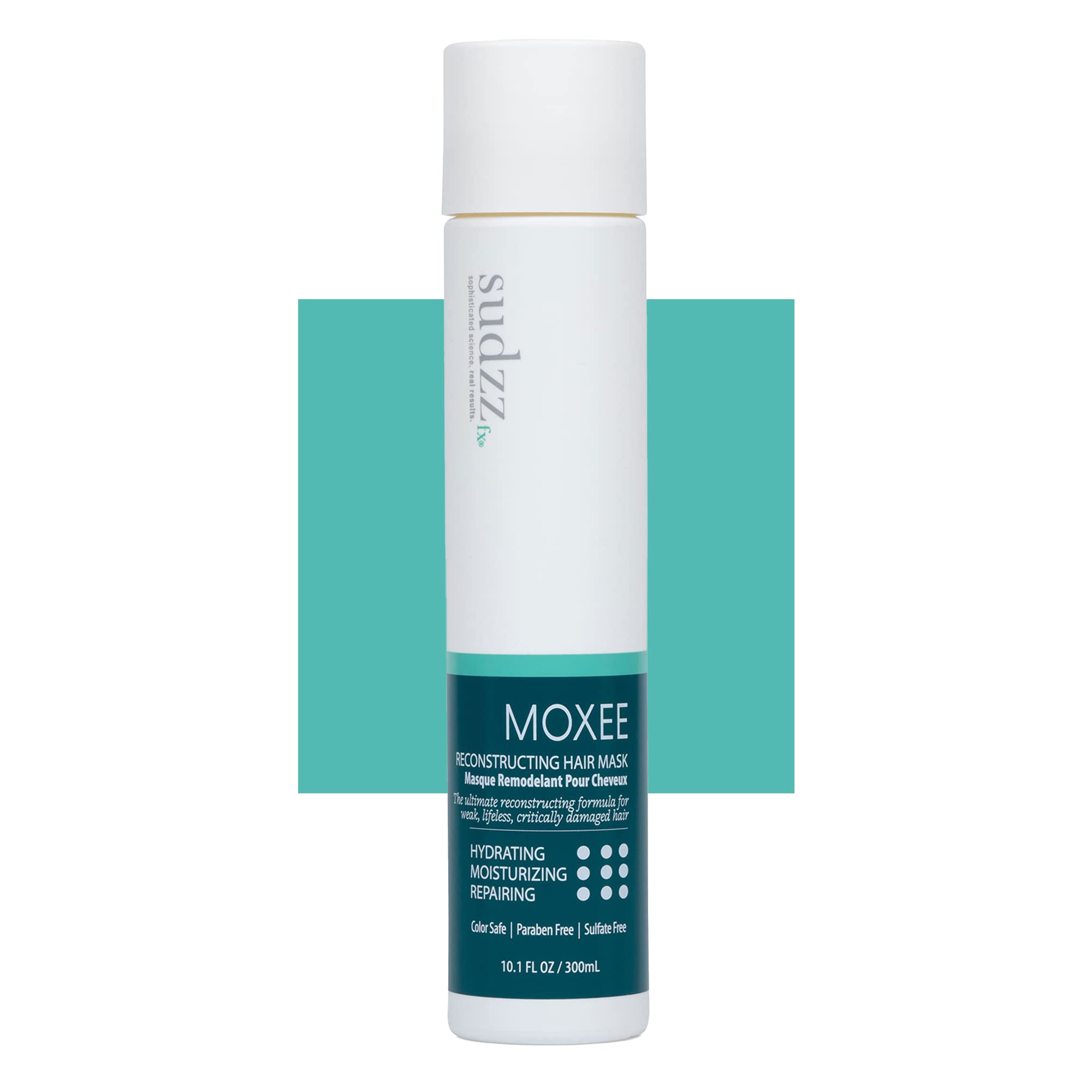 SUDZZFX Moxee reconstructing hair mask packaging with sulfate-free, color-safe care.
