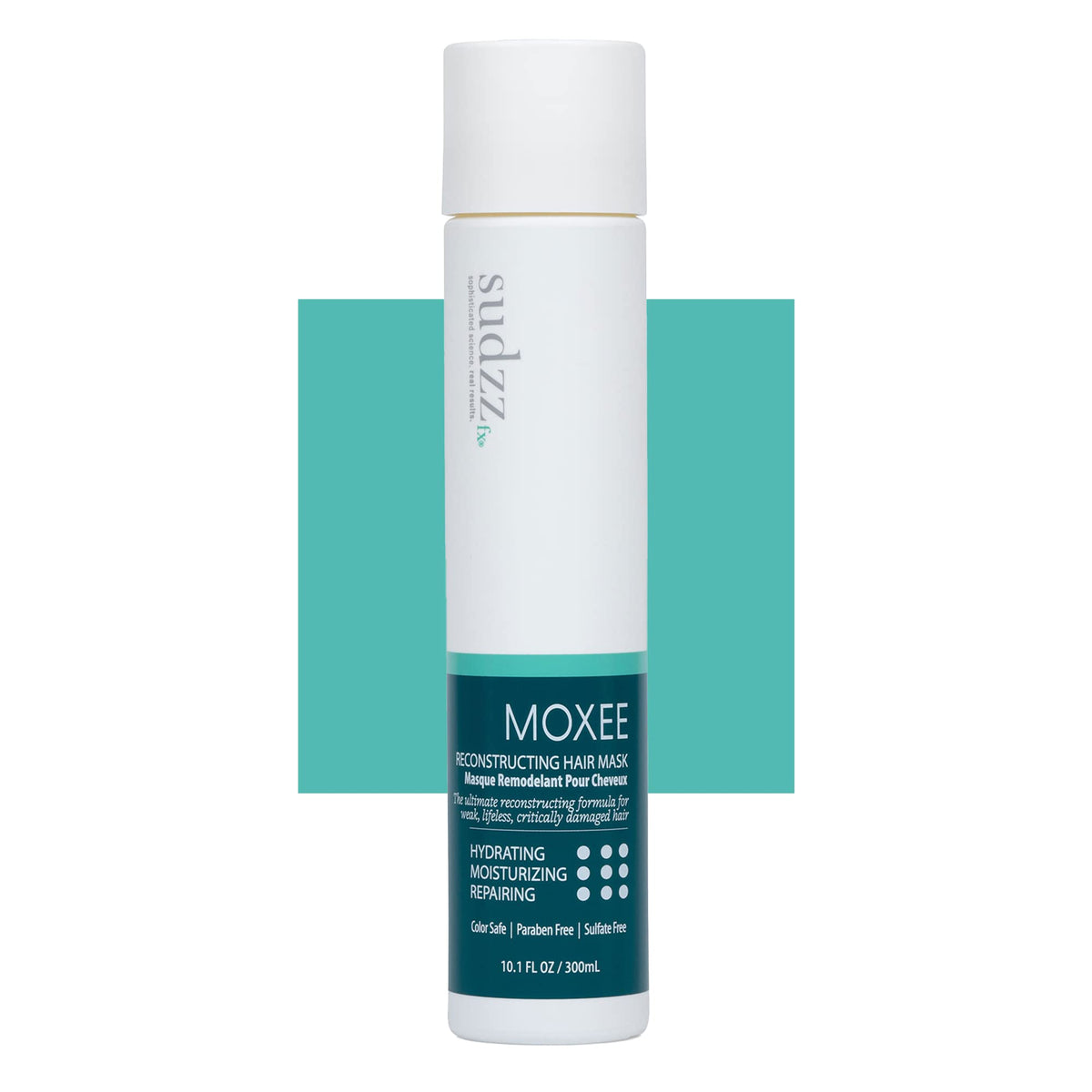 SUDZZFX Moxee reconstructing hair mask packaging with sulfate-free, color-safe care.