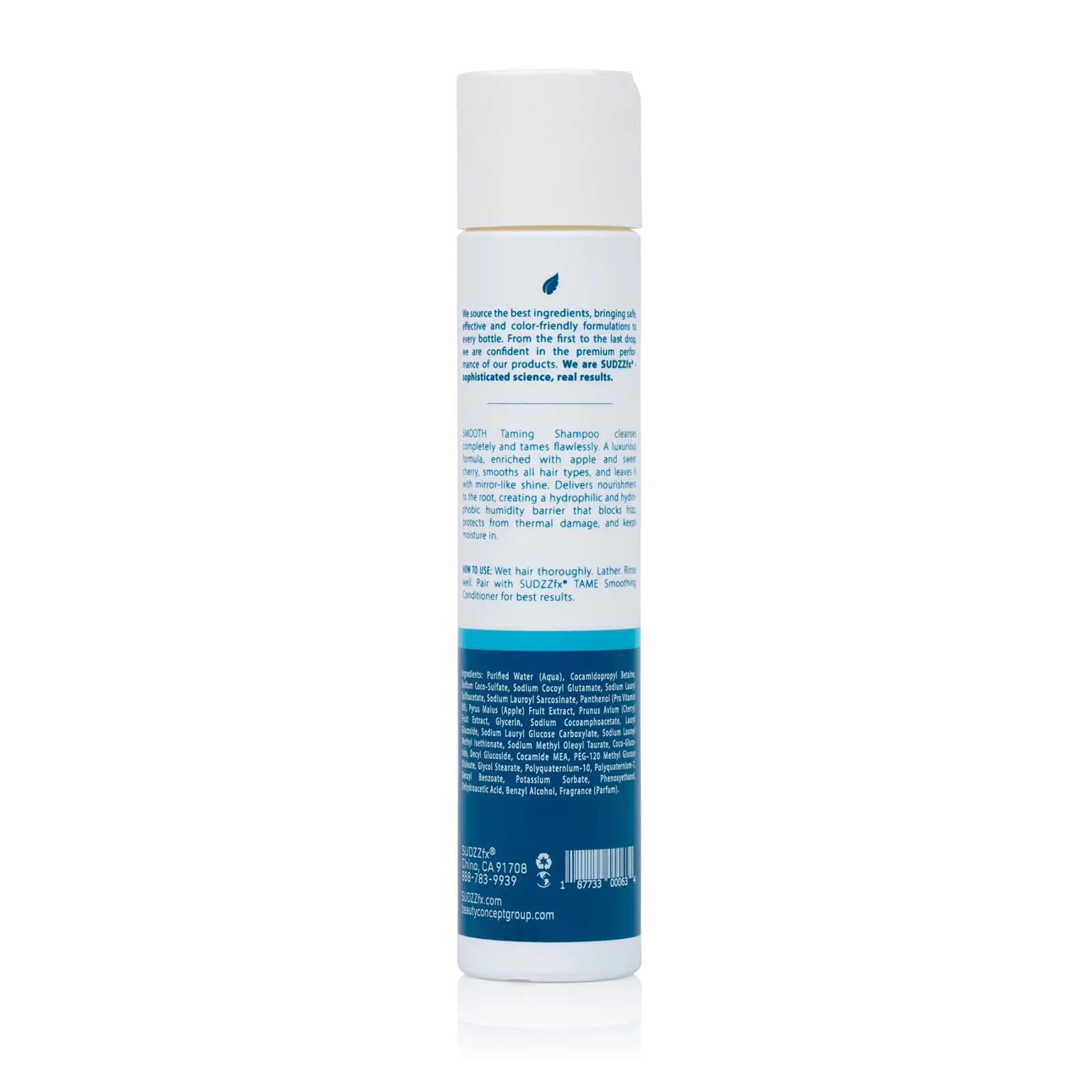 SUDZZFX Smooth Taming Shampoo bottle closeup with label and color-safe formula