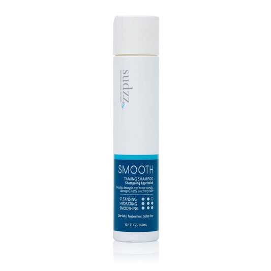SUDZZFX Smooth Taming Shampoo bottle pour showing easy frizz control and hydration