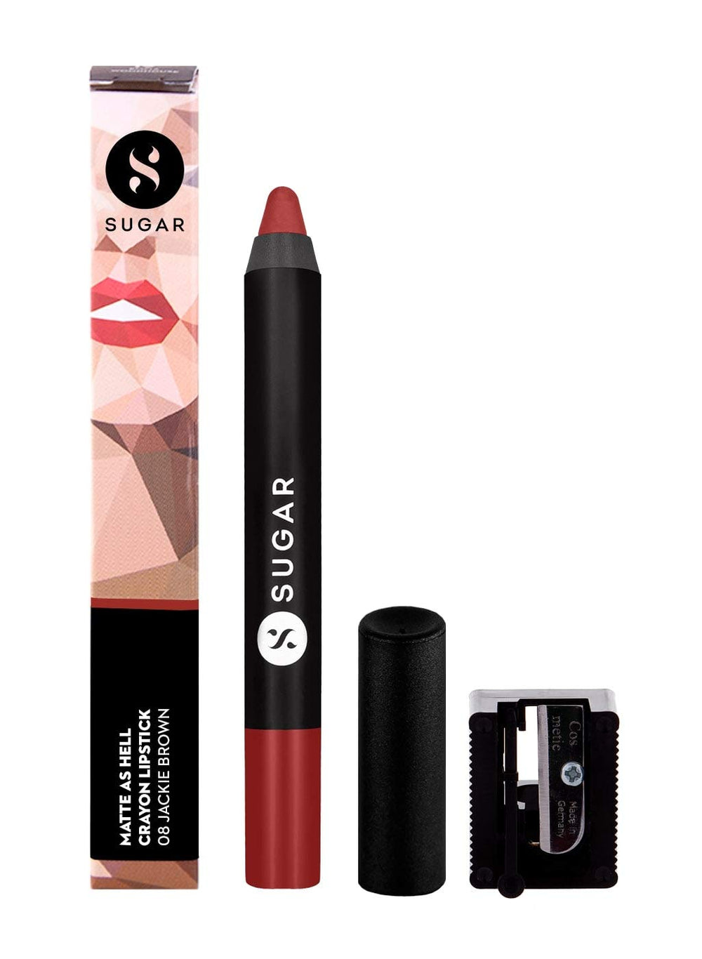 SUGAR Matte As Hell crayon lipstick Jackie Brown packaging close-up.