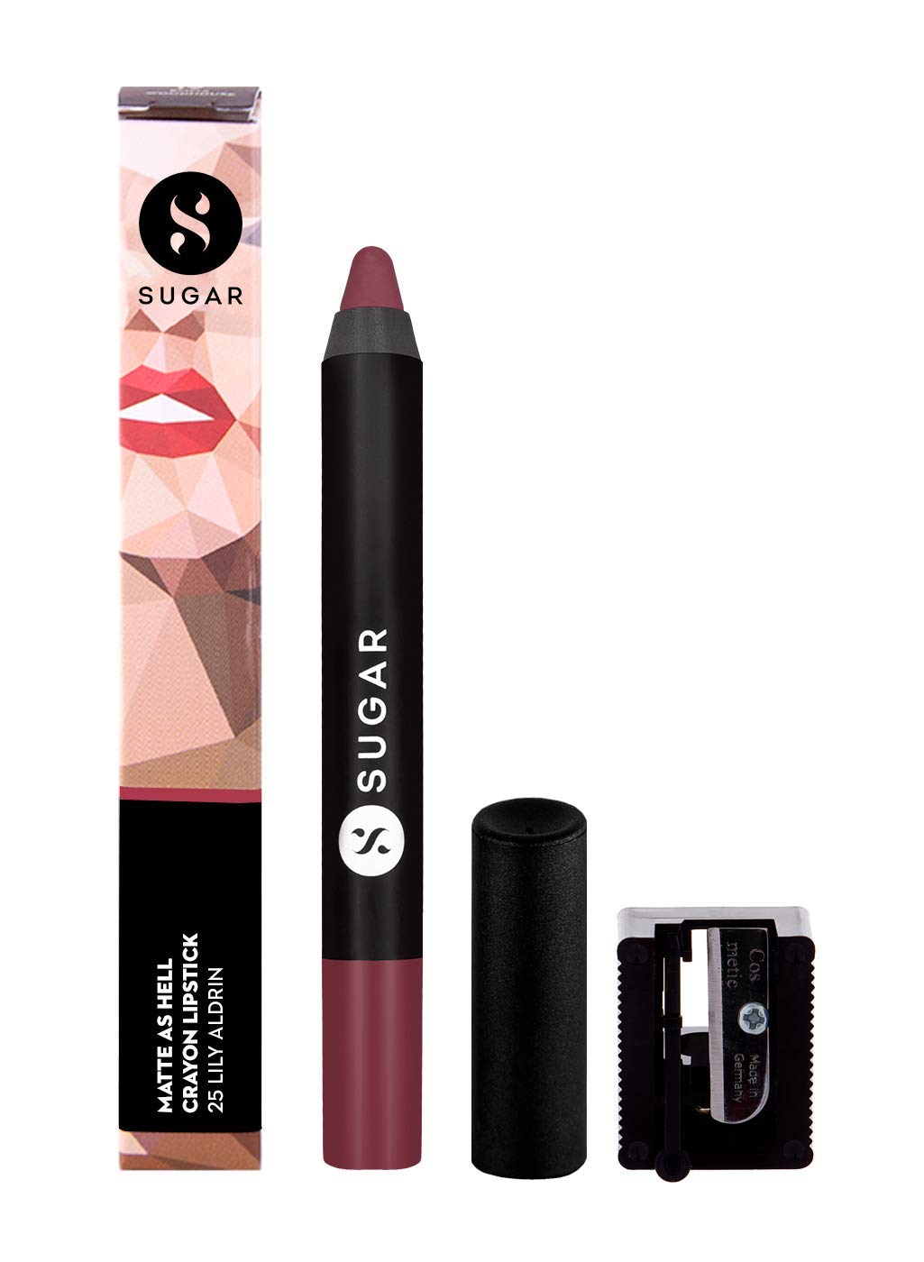 SUGAR Matte As Hell Crayon Lipstick packaging with free sharpener included for precision