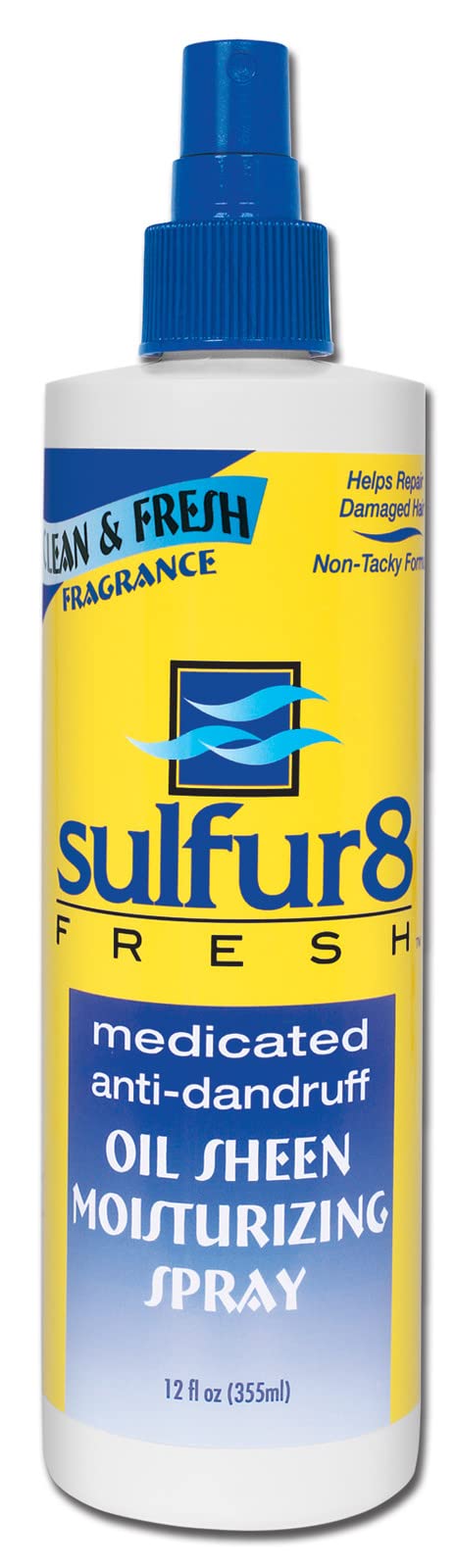 Sulfur 8 Fresh Oil Sheen spray bottle with medicated formula for dandruff relief and shine.