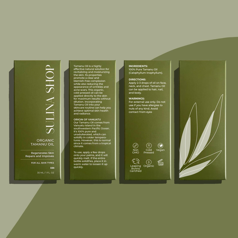 Sulina Tamanu Oil glass bottle featured for premium packaging.