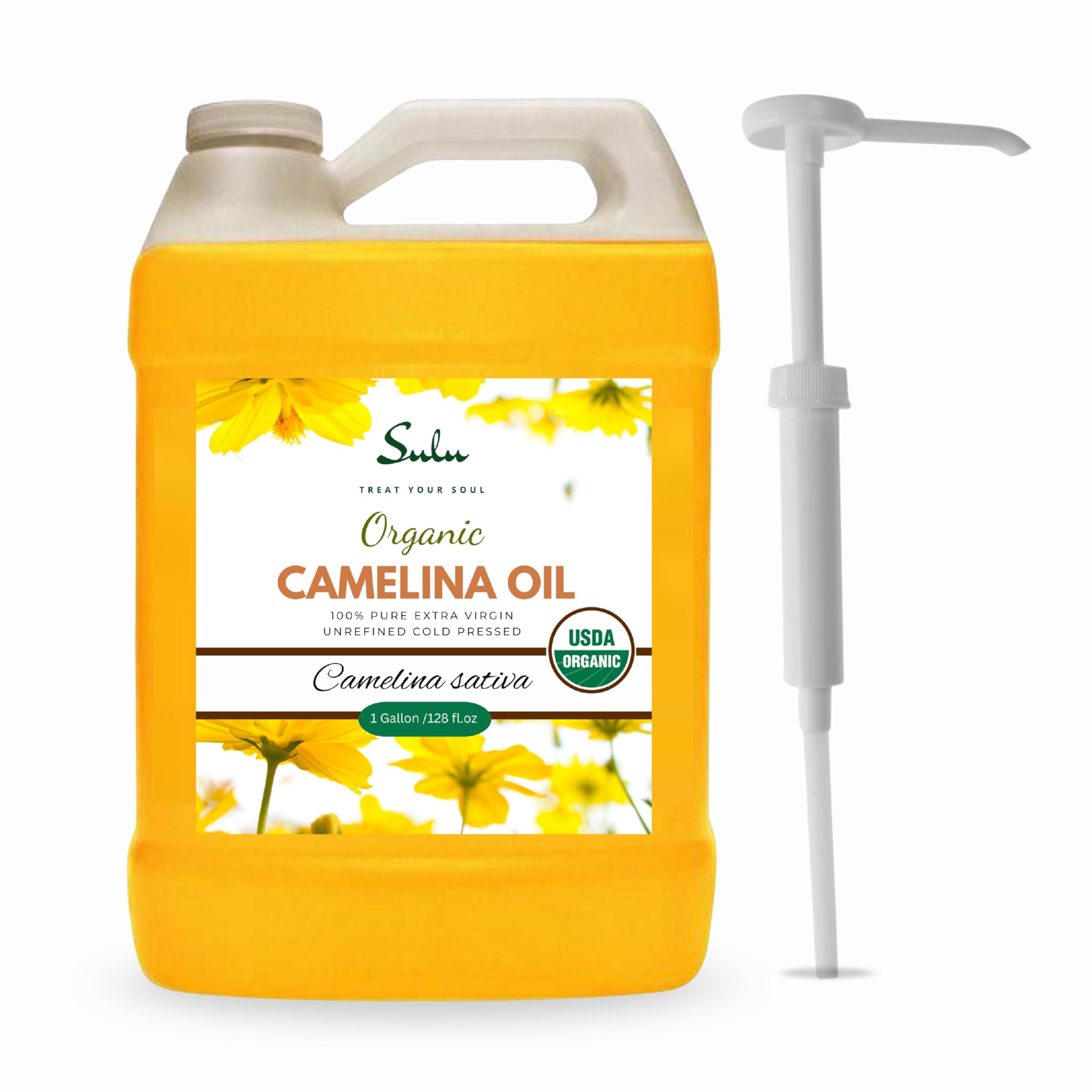 Sulu Organics camelina oil bottle label shows pure organic oil for daily cooking