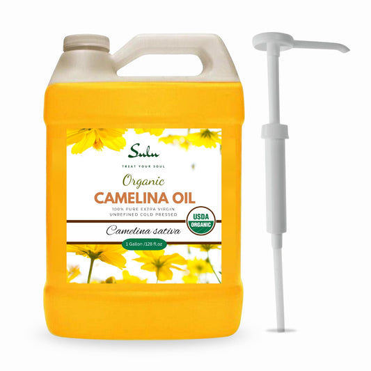 Sulu Organics camelina oil bottle label shows pure organic oil for daily cooking