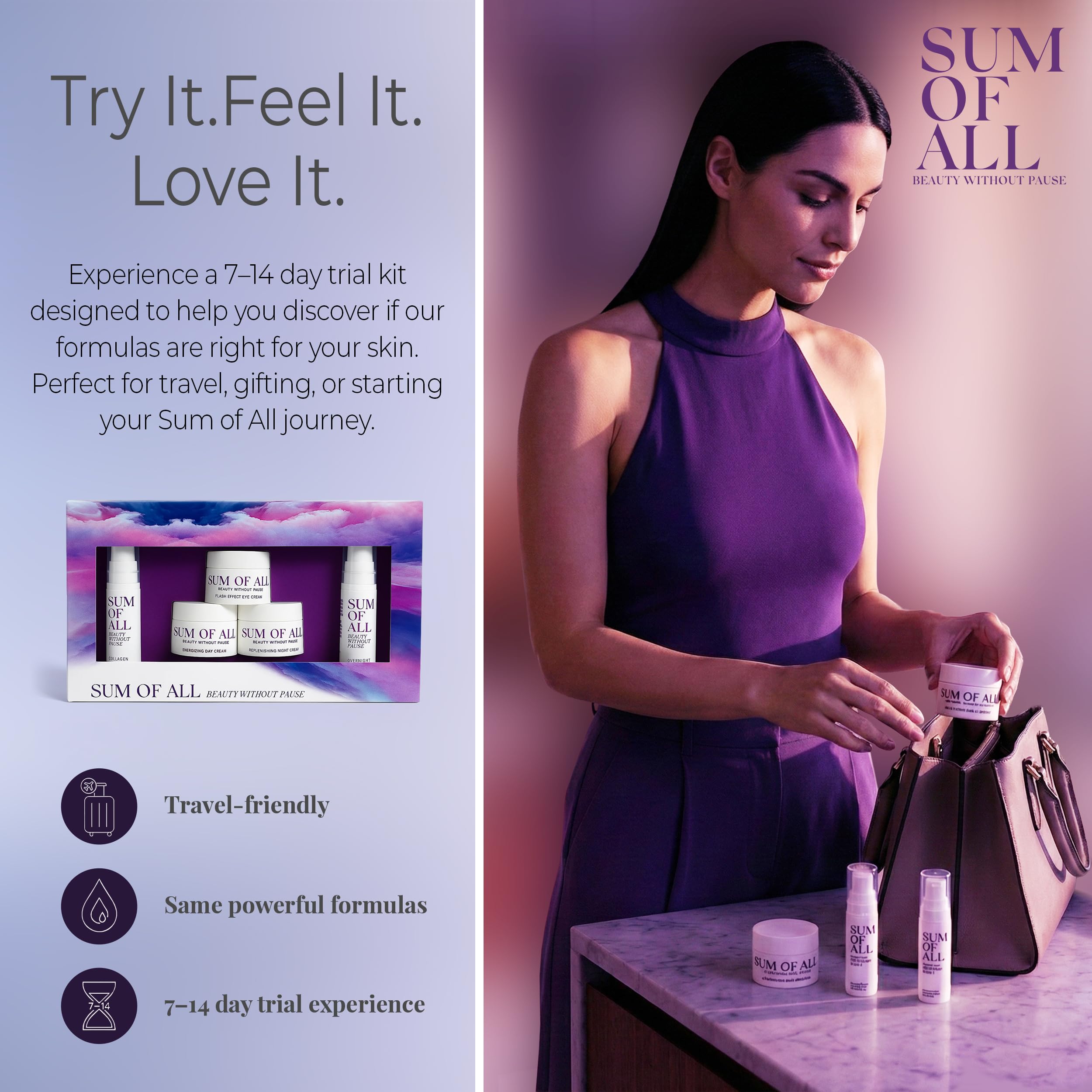 Sum Of All starter-set packaging presents a compact regimen for travel.