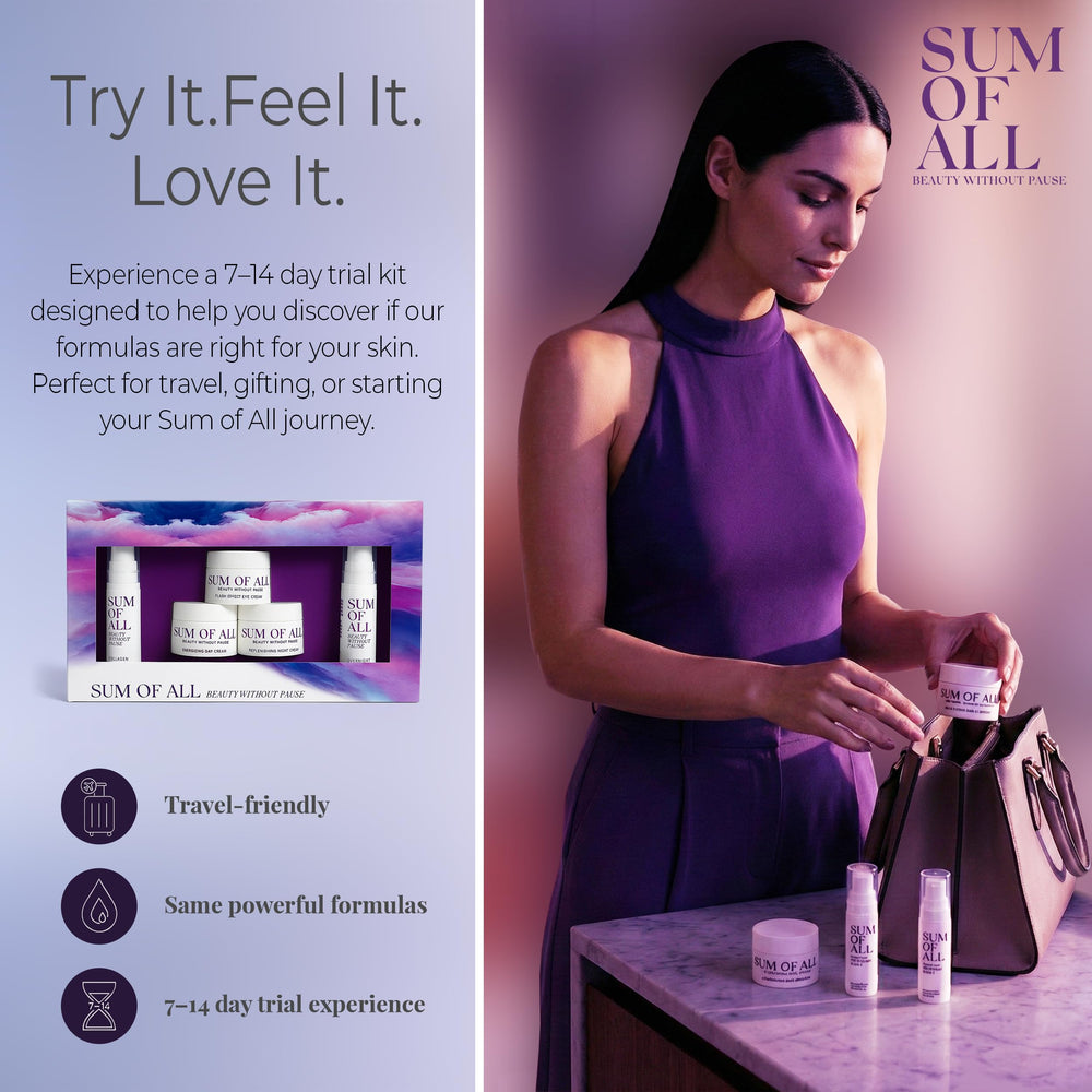 Sum Of All starter-set packaging presents a compact regimen for travel.