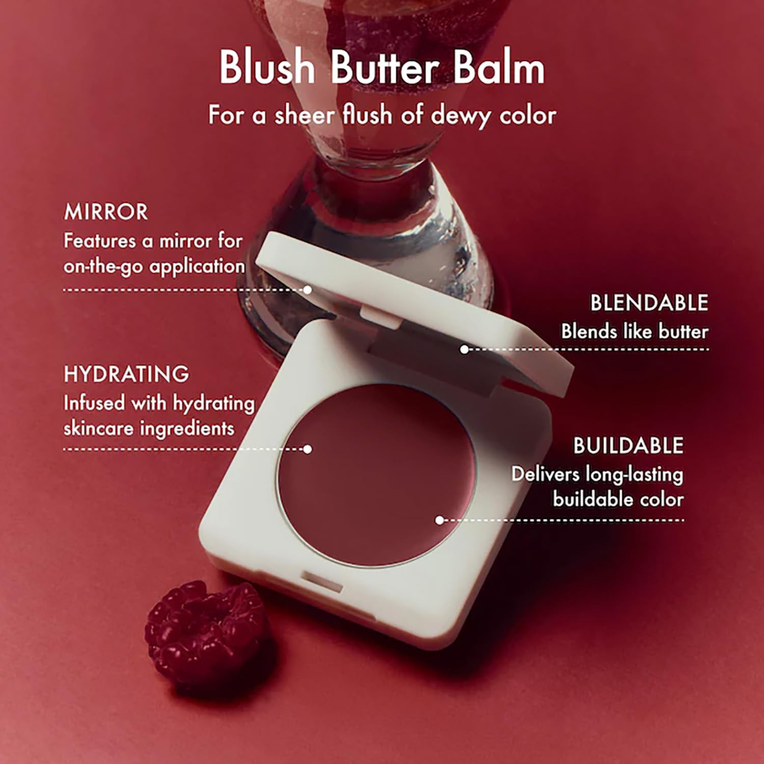 Summer Fridays Blush Butter Balm Berry Spritz cheek swatch delivers a dewy, natural flush.