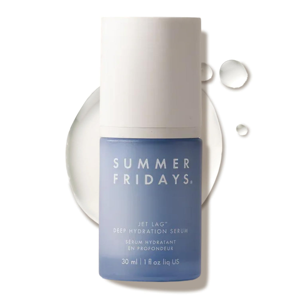 Summer Fridays Jet Lag Deep Hydration Serum bottle with pour shows hydration focus