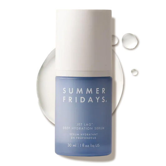 Summer Fridays Jet Lag Deep Hydration Serum bottle with pour shows hydration focus