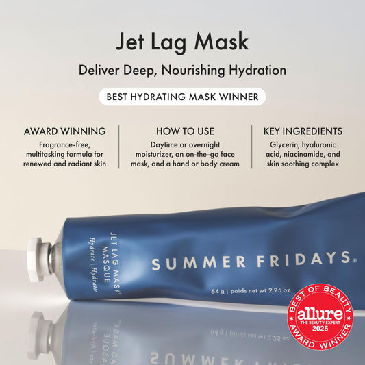 Summer Fridays Jet Lag Mask packaging on desk demonstrates easy daily hydration.