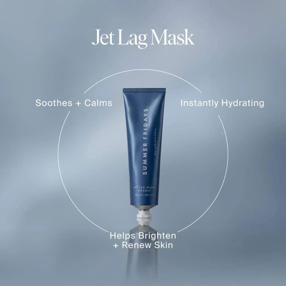 Summer Fridays Jet Lag Mask tub highlights hydrating mask ideal for overnight renewal.