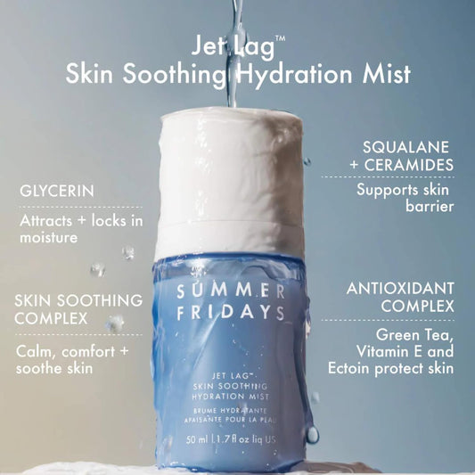 Close-up of Summer Fridays Jet Lag Mist spritz delivering cooling hydration.