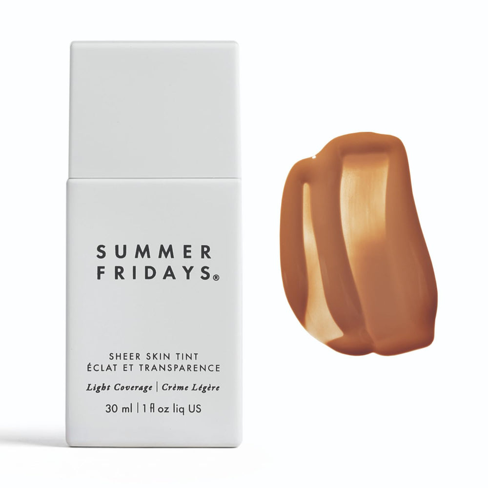 Summer Fridays Sheer Skin Tint bottle pour shows a natural, hydrated glow.