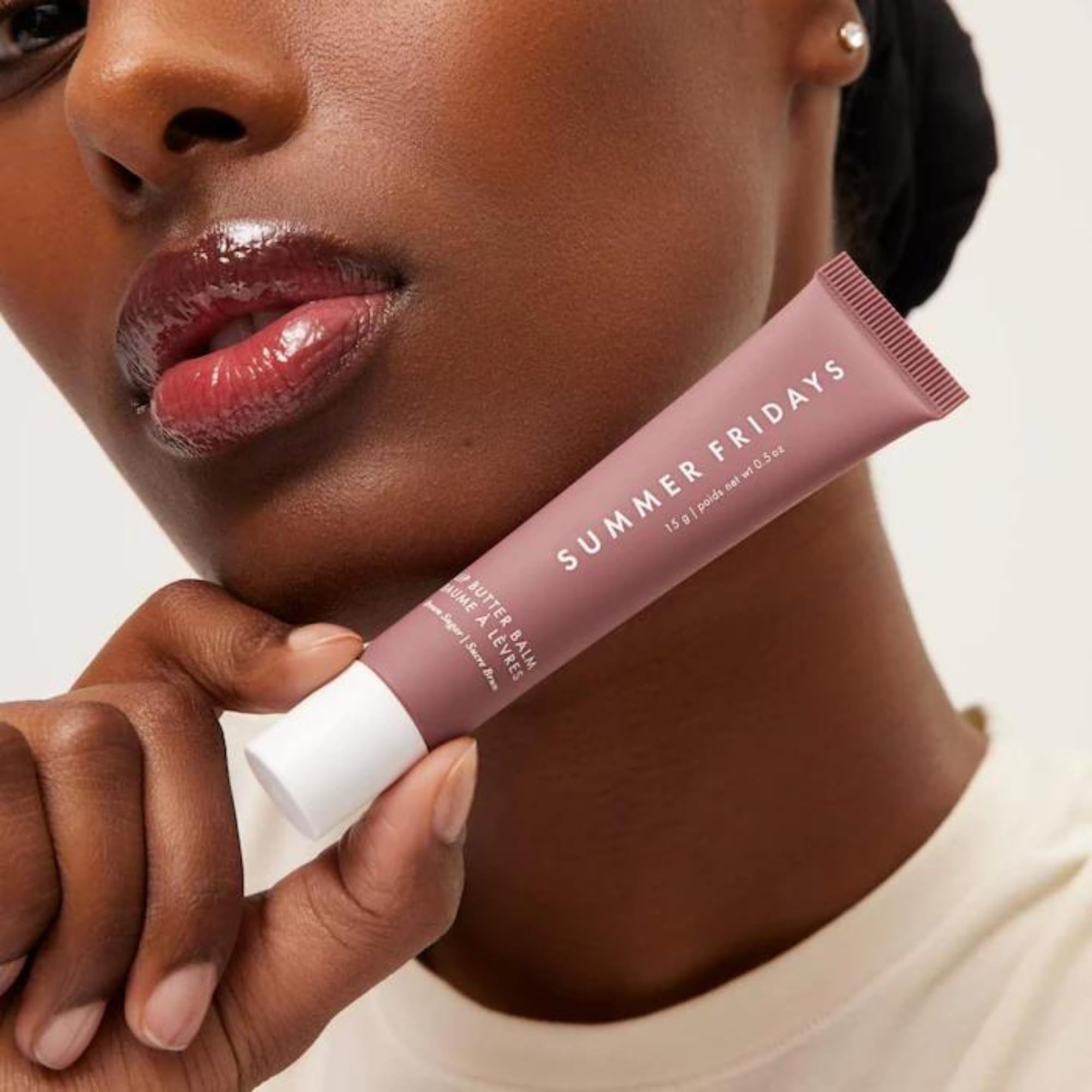 Summer Fridays Lip Butter Balm Brown Sugar swatch showing subtle shine and color.